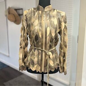 Natto Women's Full Zip Tan Lamb Leather Jacket Mesh Leaf Applique Design Small